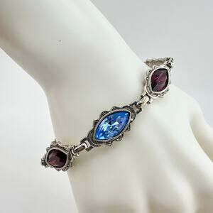 1928 Vintage Style Blue Purple Glass Rhinestone Silver Tone 6.25" Bracelet